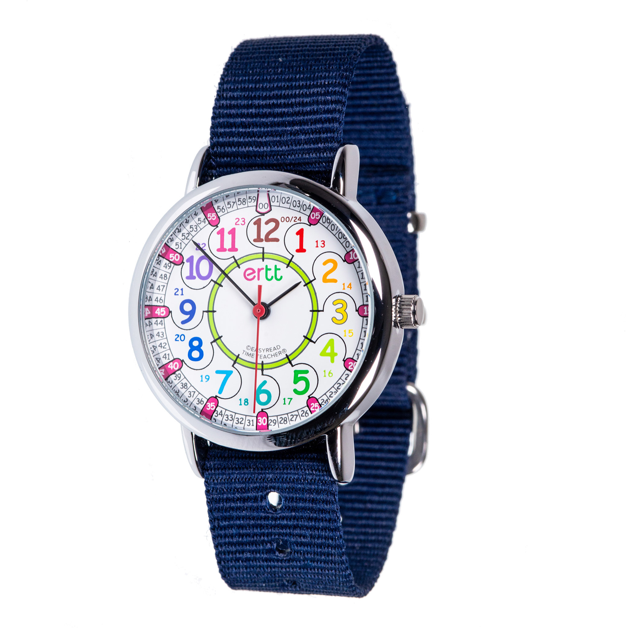 Watch - Past/To Rainbow Face with 12-24 Hour Format - Navy Blue Strap